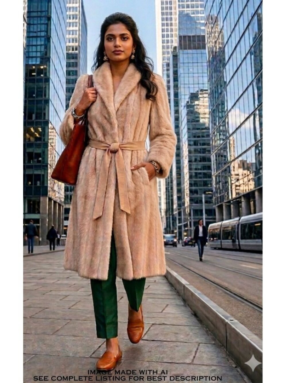 Vintage 50s Long Ivory Faux Fur Coat L Belted Lined Old Money Luxury Chic